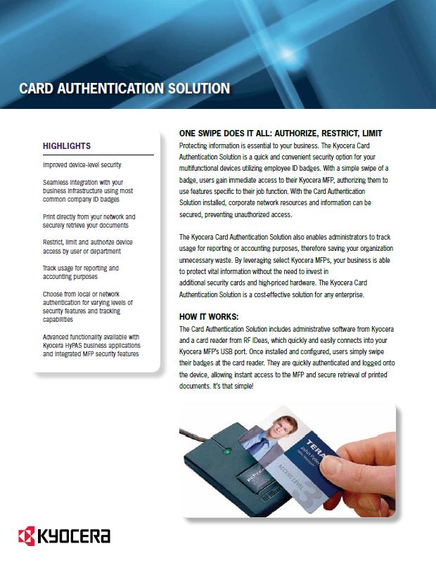 Kyocera, Software, Cost Control, Security Card Authentication, Poynter's Business Solutions